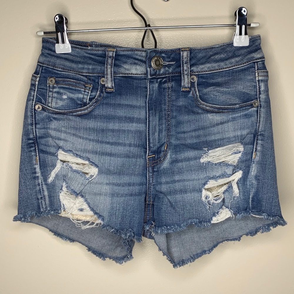 American Eagle • 4 • Hi-Rise Shortie Stretch Denim Jean Shorts Distressed